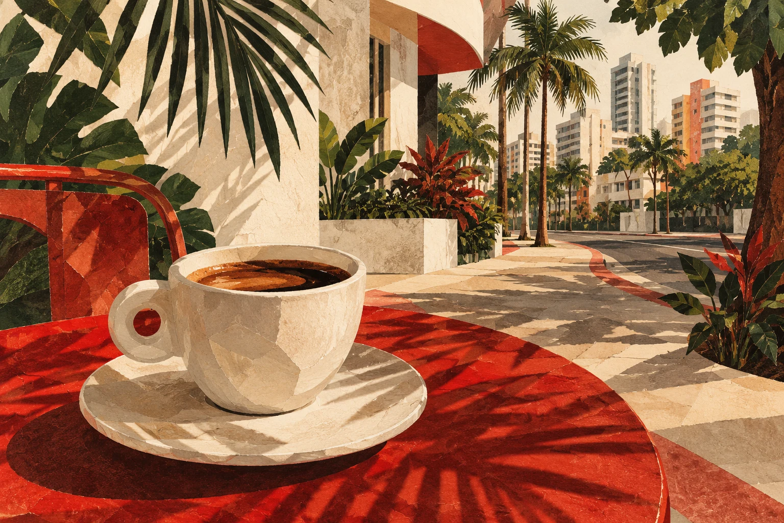 Ilustración conceptual de una taza de café sobre una mesa roja y una ciudad tropical imaginada.