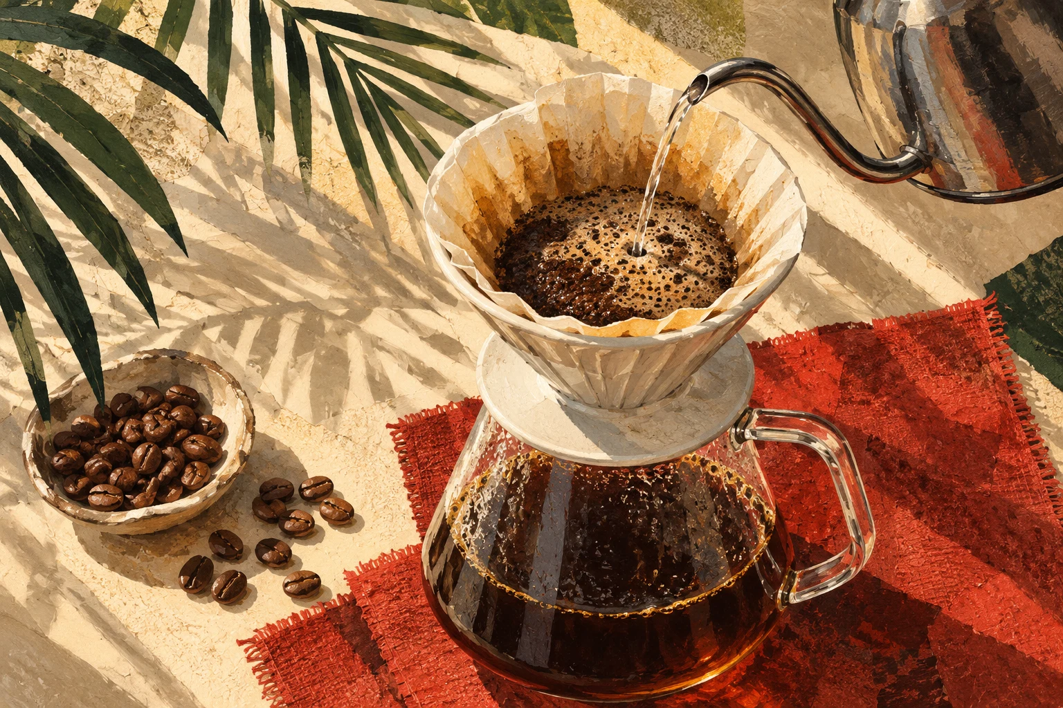 Ilustración conceptual de una preparación de café de filtro con jarra de vidrio, granos y sombras de hojas.