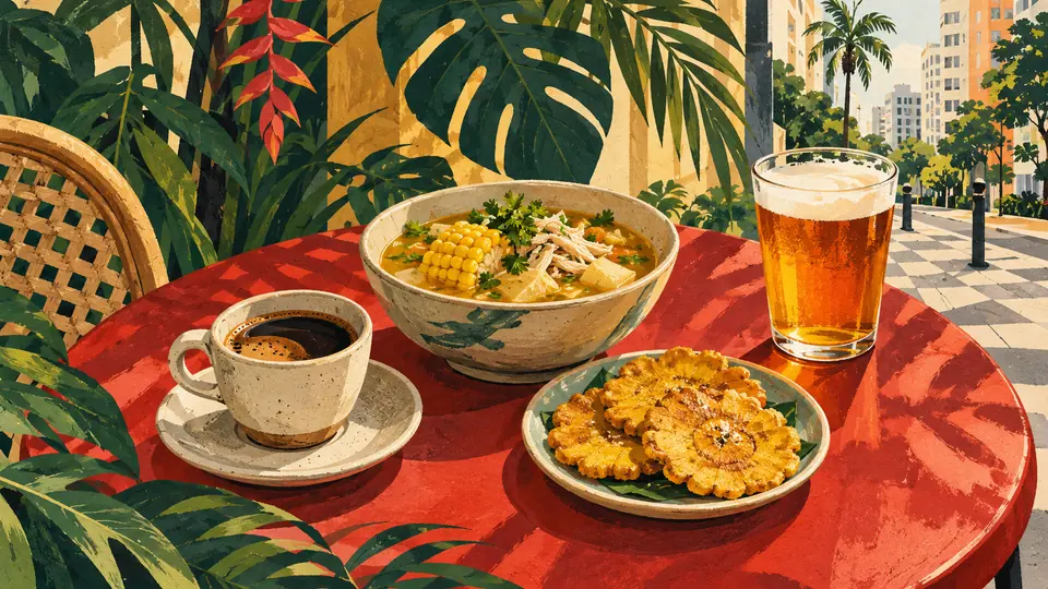 Ilustración editorial de una taza de café, una sopa, patacones y cerveza sobre una mesa roja con vegetación tropical.