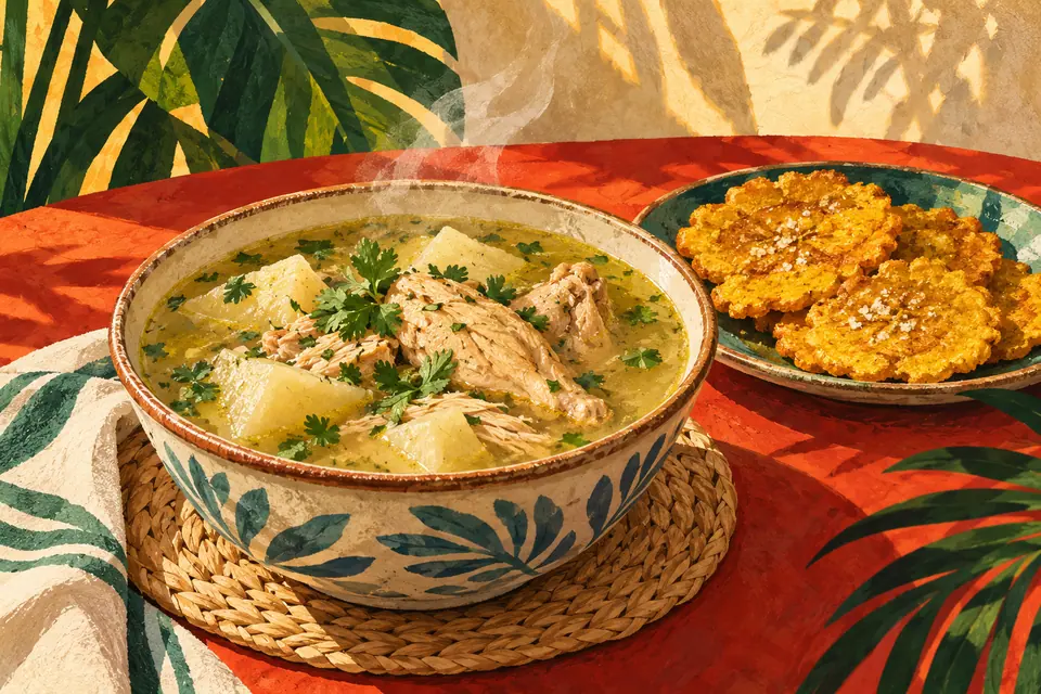 Ilustración de una sopa de pollo con ñame y culantro, acompañada de patacones sobre una mesa roja.