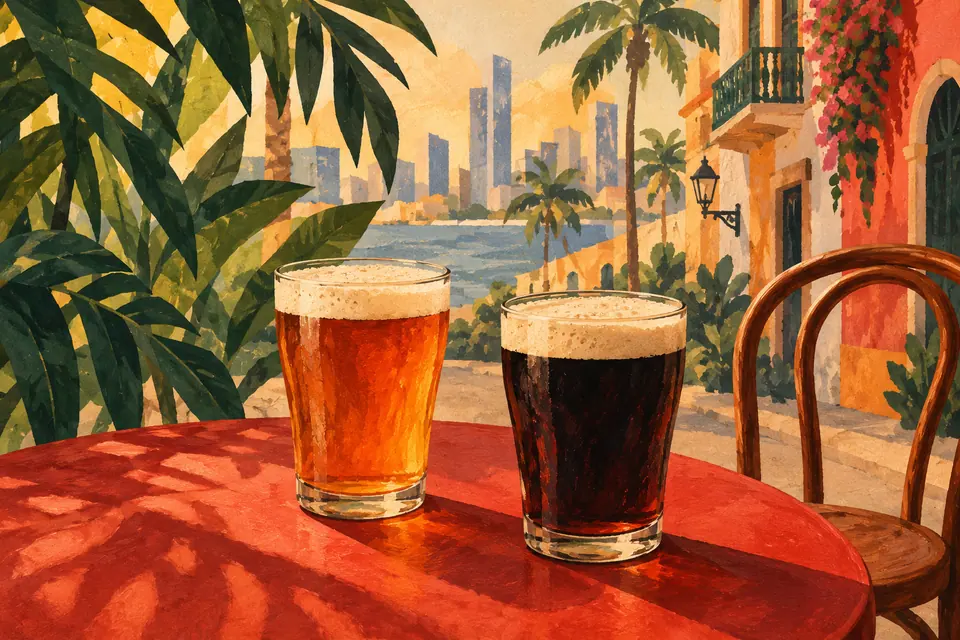 Ilustración conceptual de dos vasos de cerveza, ámbar y oscura, sobre una mesa roja en un entorno tropical imaginado.