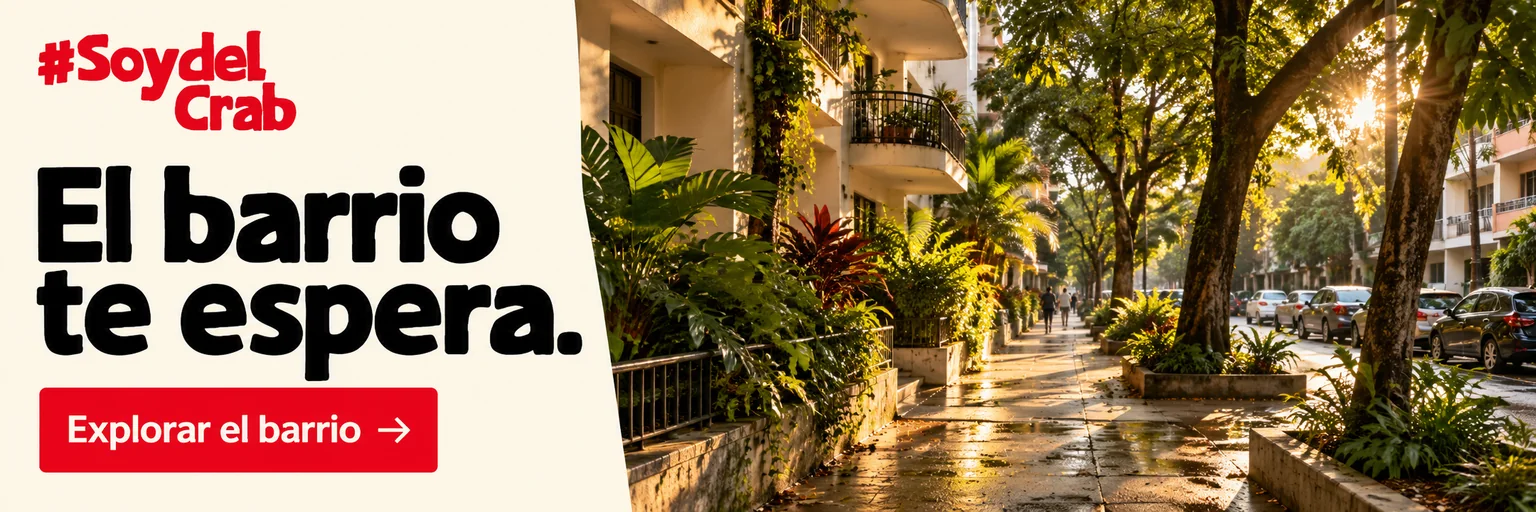 Escena conceptual generada con IA de una calle tropical inspirada en El Cangrejo. El barrio te espera. Explorar el barrio.