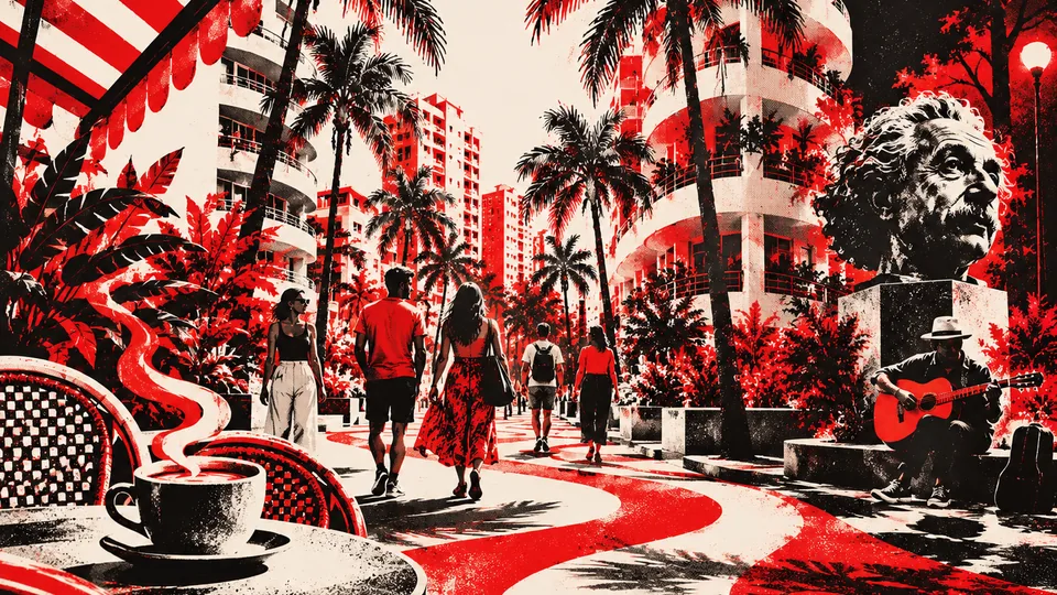 Ilustración de un recorrido cultural por El Cangrejo: caminantes, Plaza Einstein, palmeras, café y música