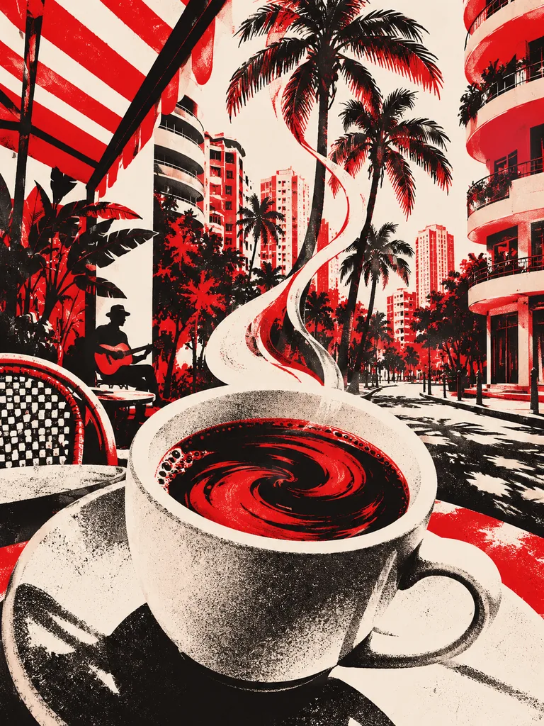 Café de barrio convertido en un mural de palmeras y balcones